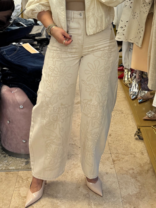 Amber Beige Embroidery Barrel Jeans