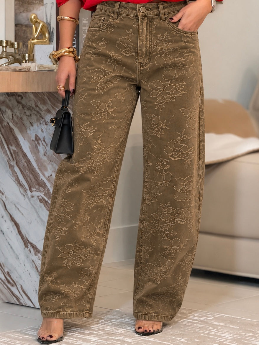 6306 Xin Brown Floral Embro Jeans