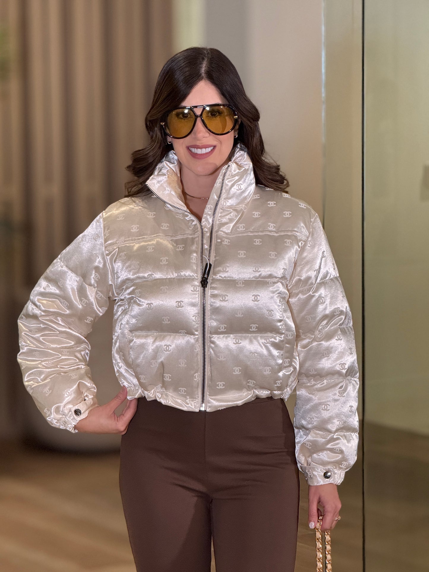 Cece Beige Satin Puffer Jacket