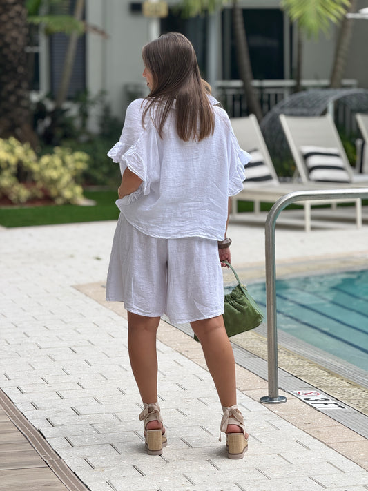 Italy White Linen Ruffle Short Set