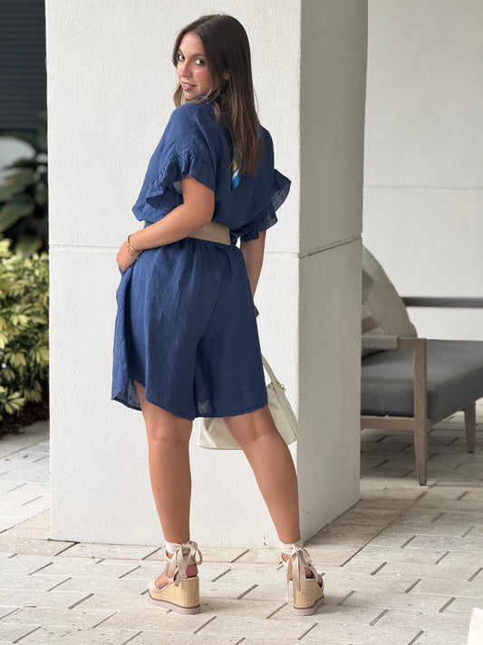 Italy Navy Linen Ruffle Short Set