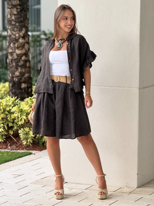 Italy Brown Linen Ruffle Short Set