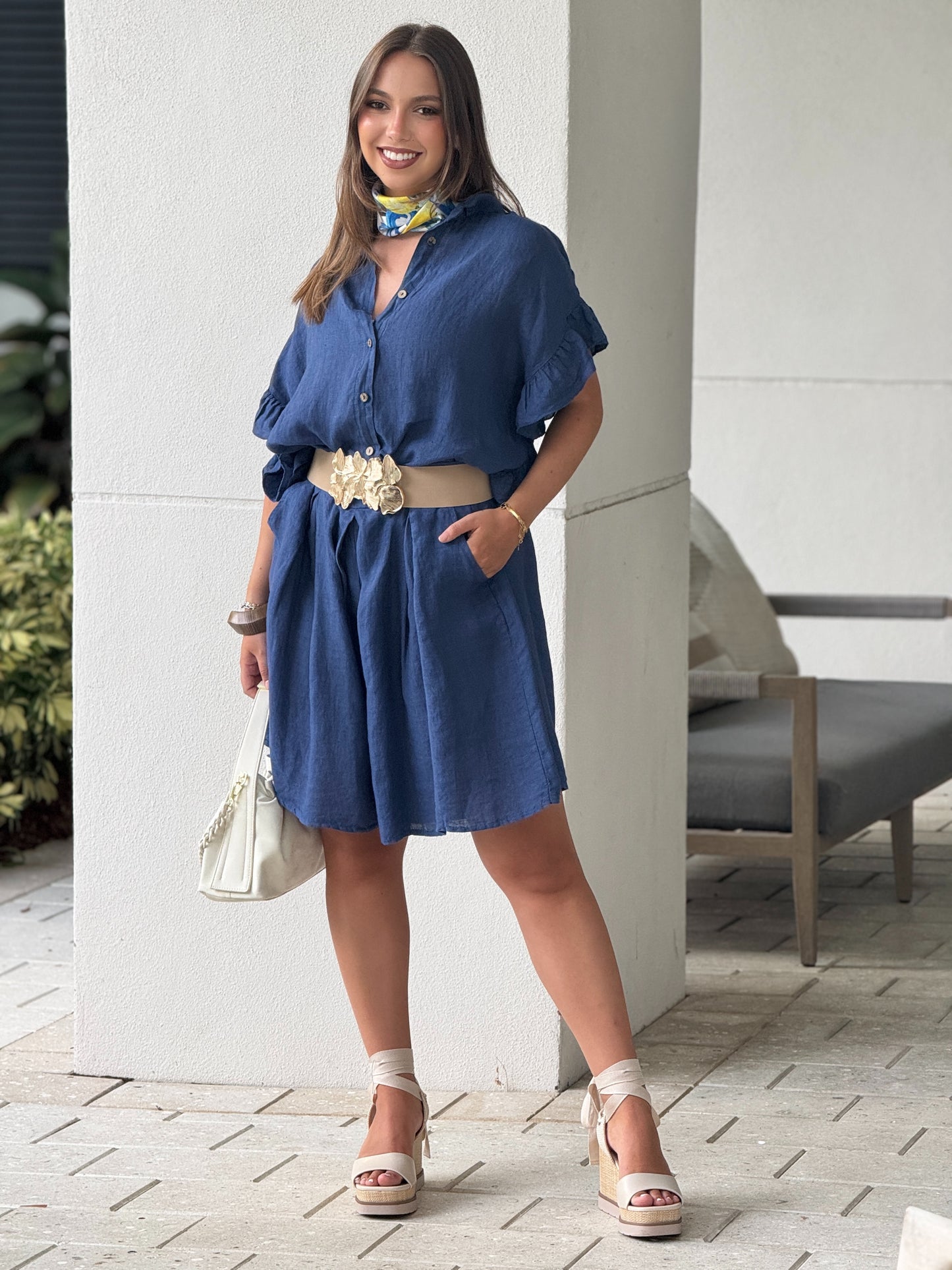 Italy Navy Linen Ruffle Short Set