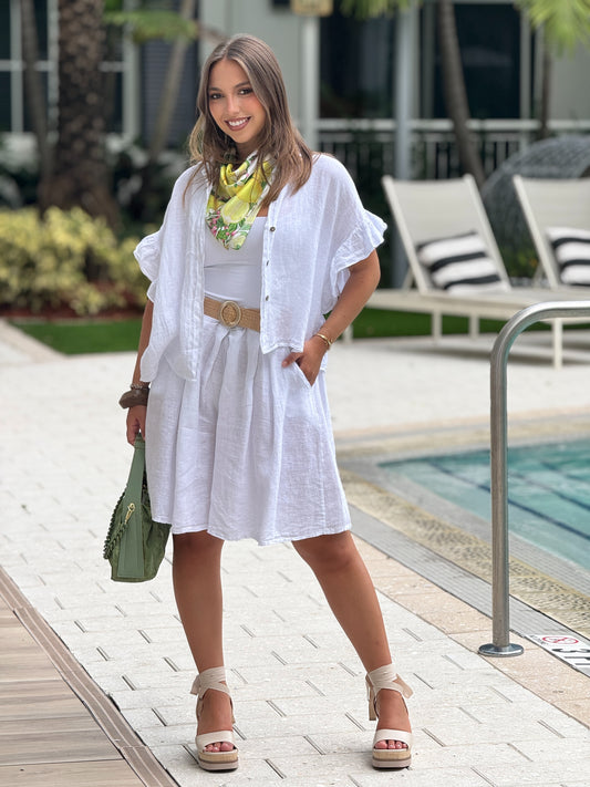 Italy White Linen Ruffle Short Set