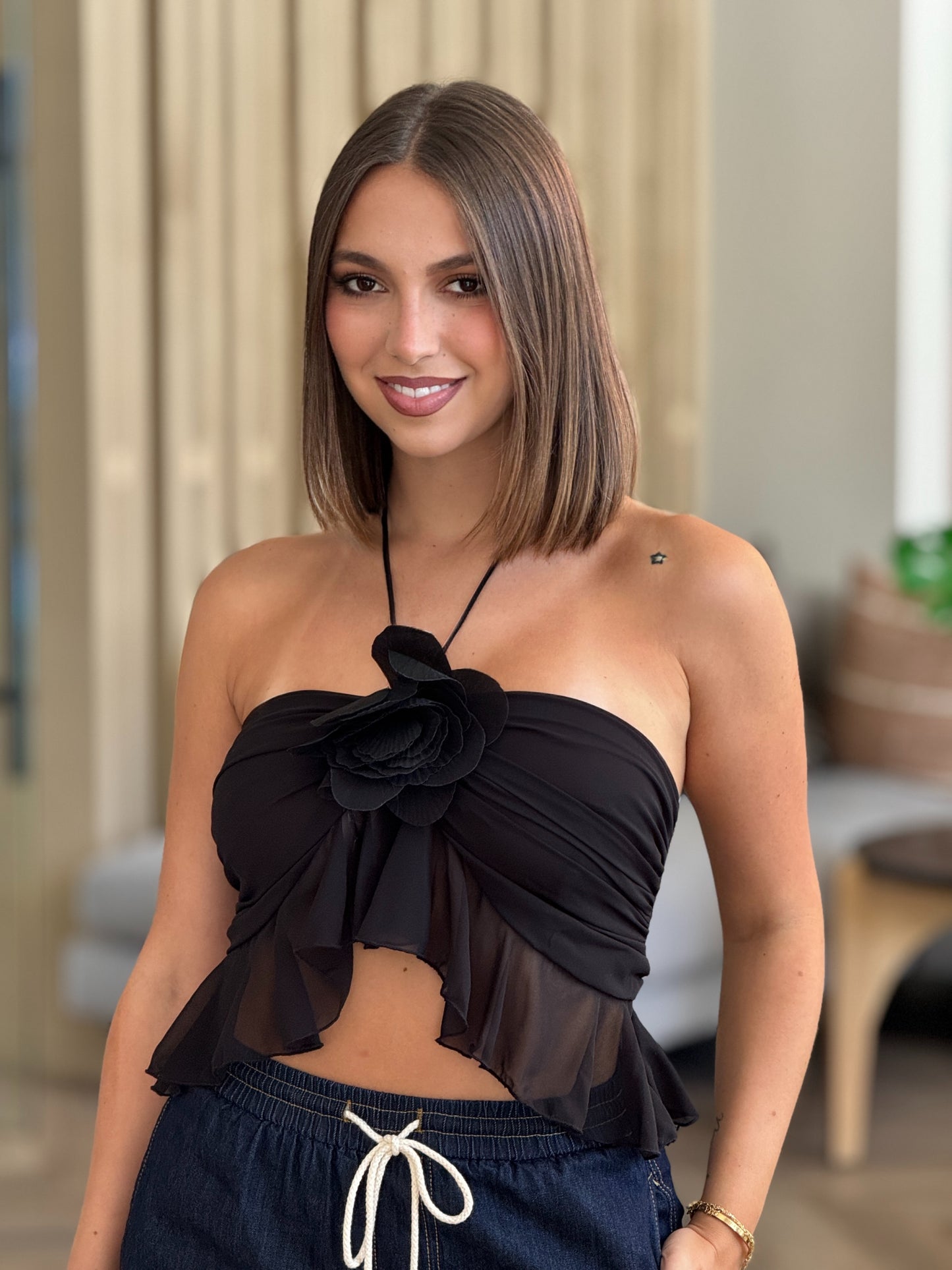 Marilyn Black Ruffle 3D Flower Top