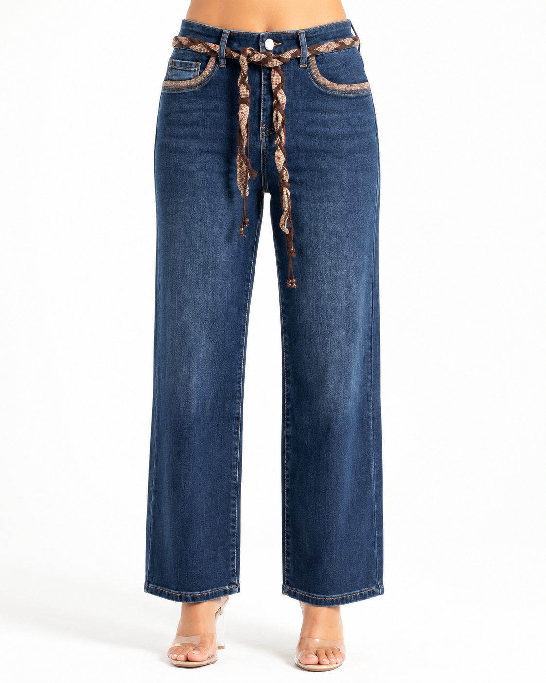 French Dark Denim Belt Print Jeans