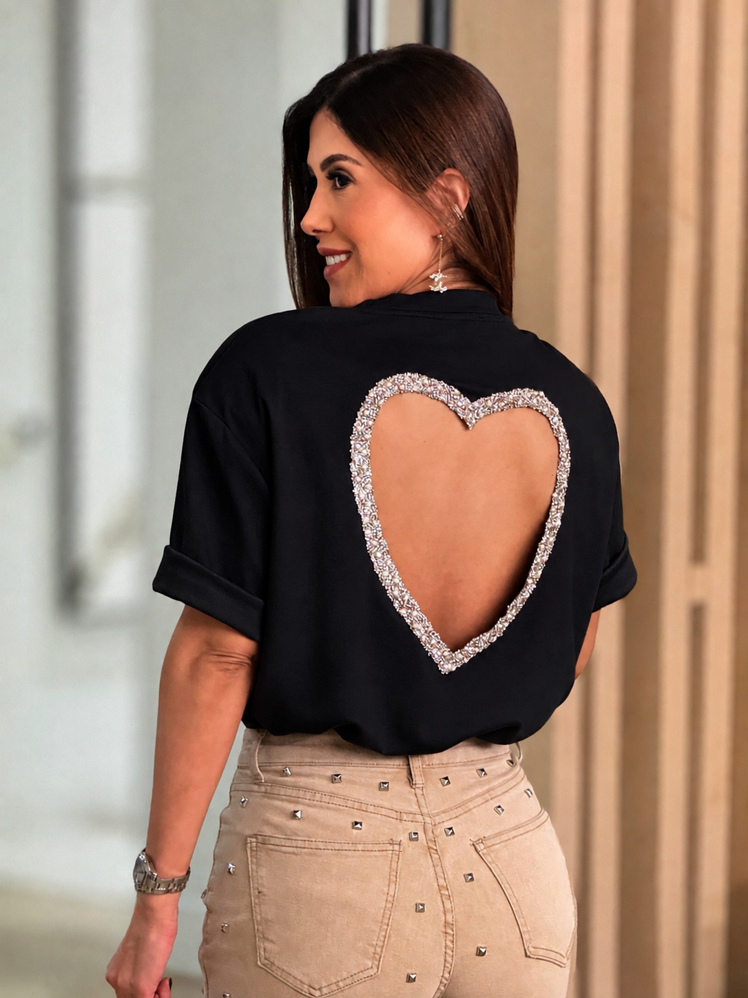 Voguish Black Rhinestone Heart T-Shirt