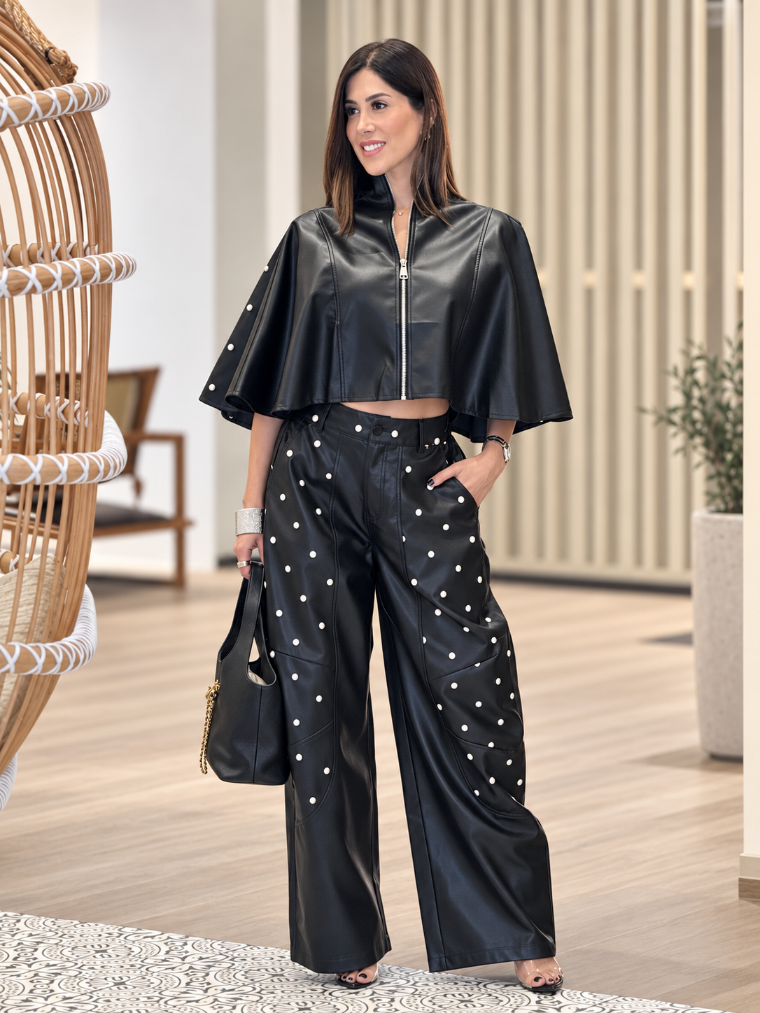 Tennie Black Leather Cape Polka Dots Set