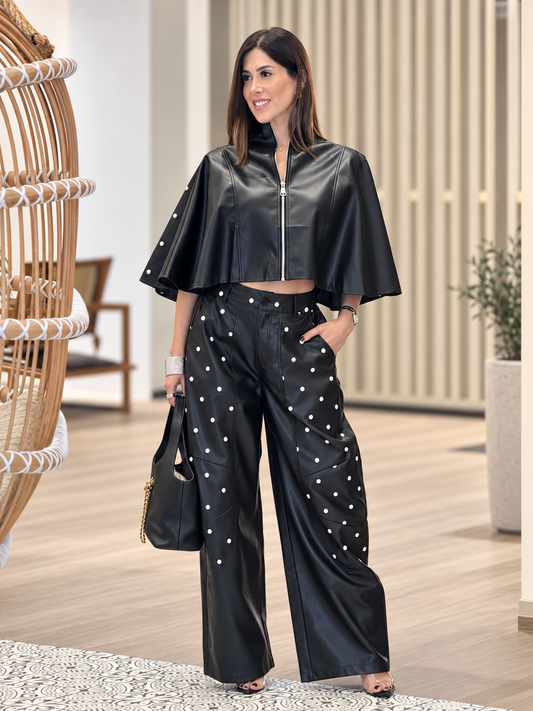 Tennie Black Leather Cape Polka Dots Set