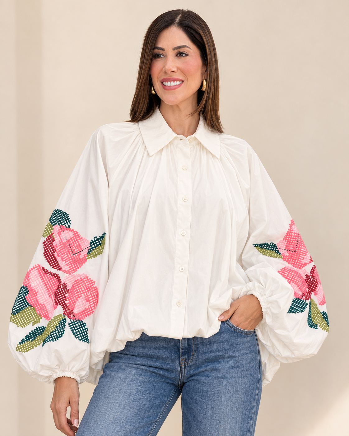 Zena White Roses Embro Top