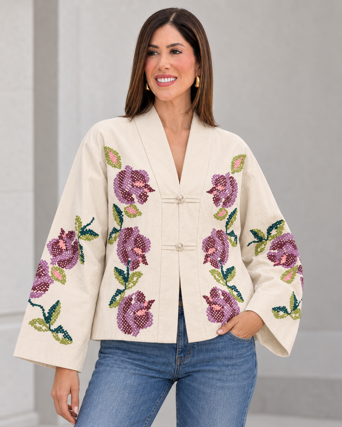 Vintage Beige Floral Stitches Jacket Top
