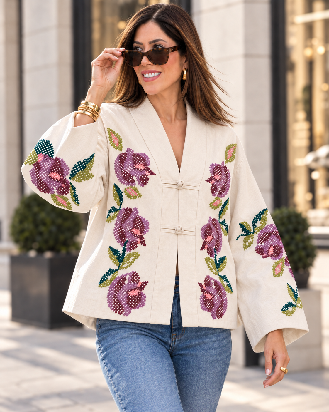 Vintage Beige Floral Stitches Jacket Top