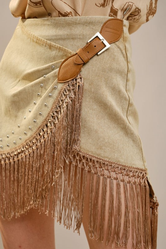 Claire Beige Denim Fringe Skirt
