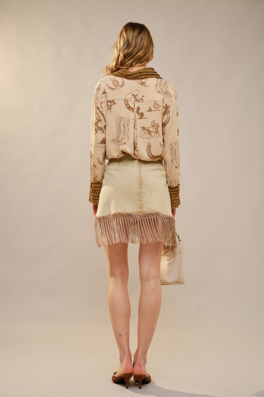 Claire Beige Denim Fringe Skirt