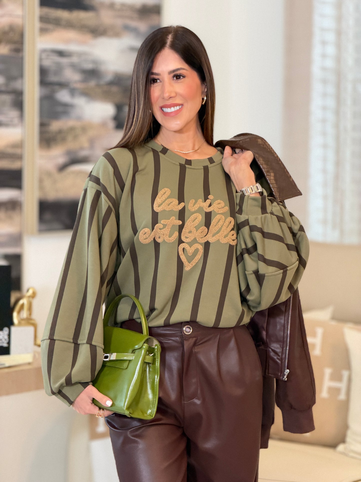 1178 Voguish Olive/Brown Striped Sweater Top