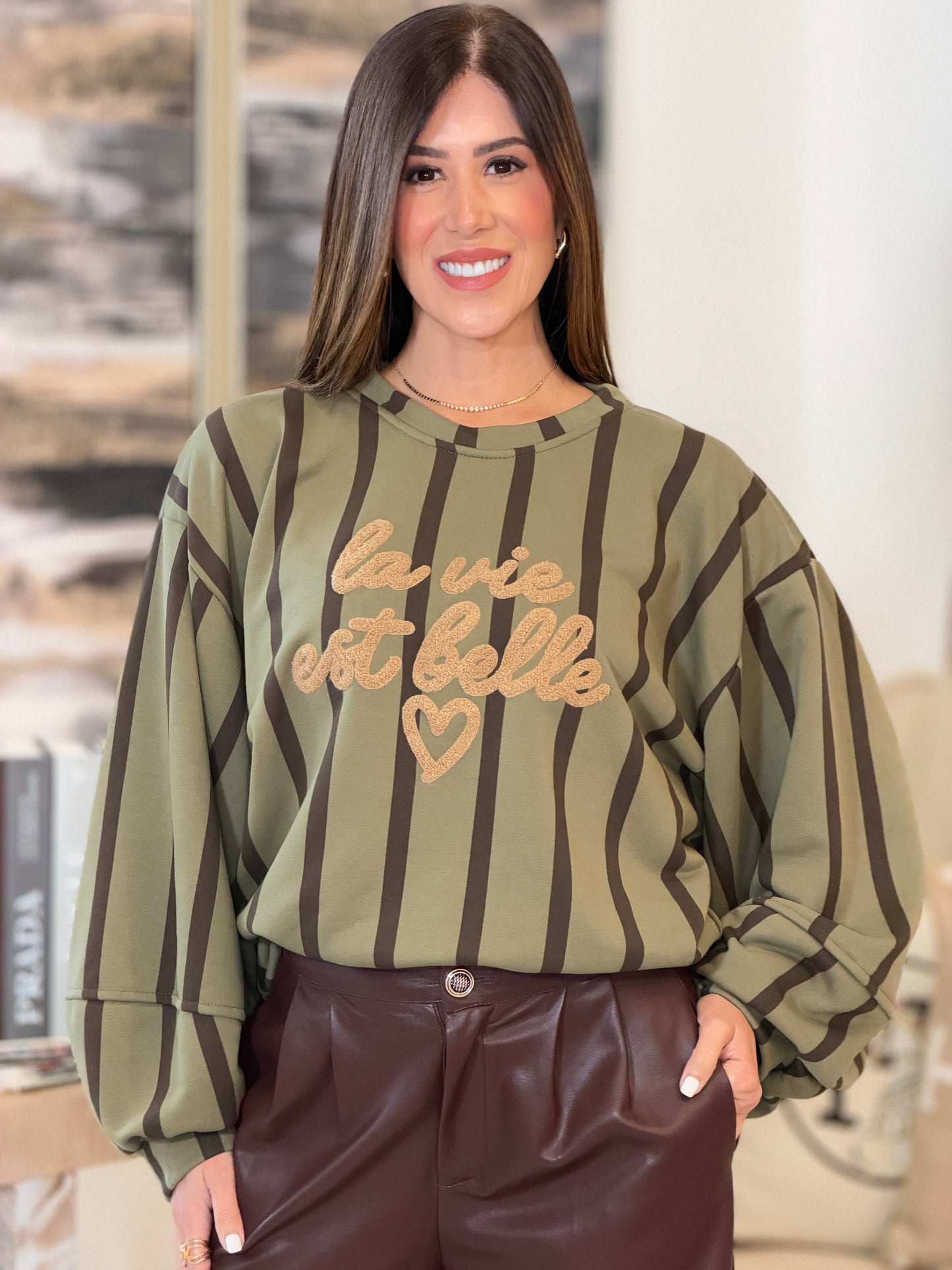1178 Voguish Olive/Brown Striped Sweater Top