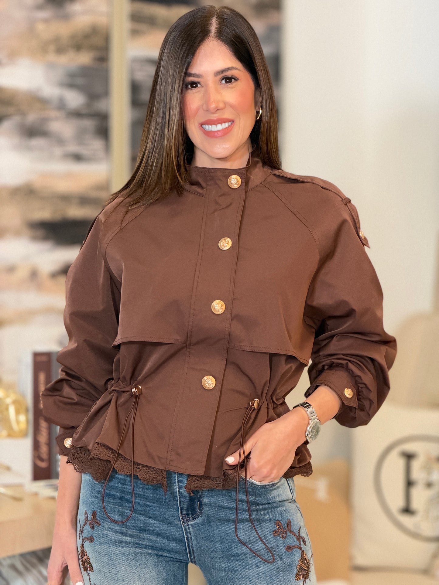1248 Linzy Brown Lace Wind Jacket Top