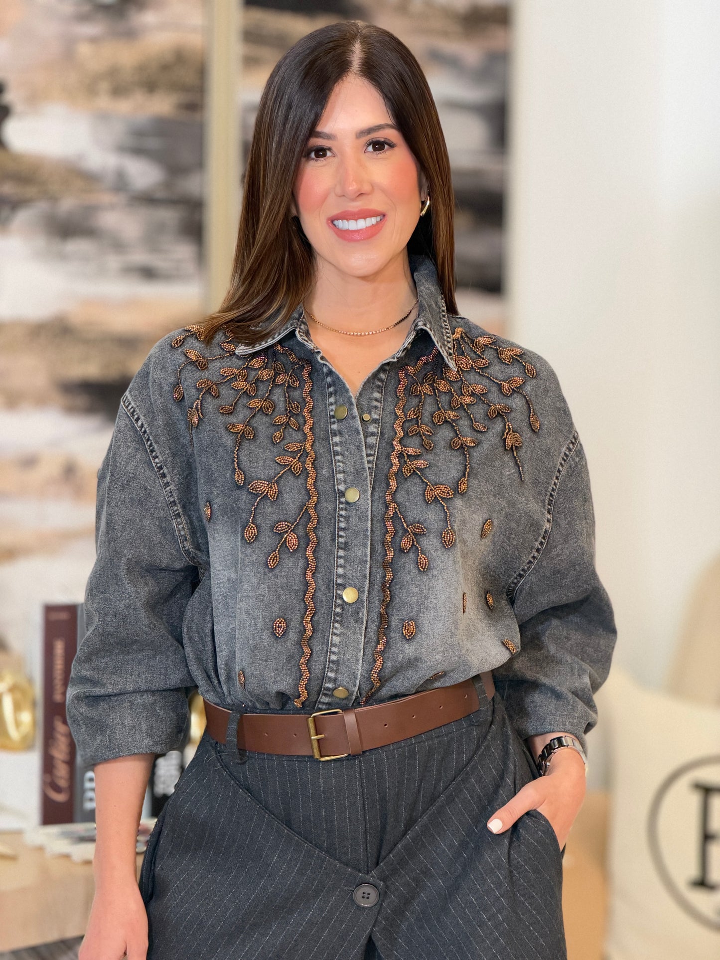 1996 Fp Gray Denim Gold Embellish Jacket Top