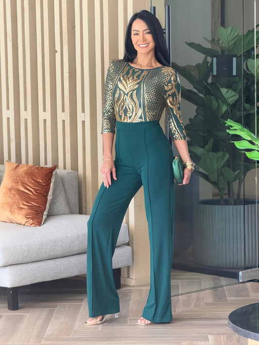 Norkys Green/Gold Sequin Jumpsuit Gala