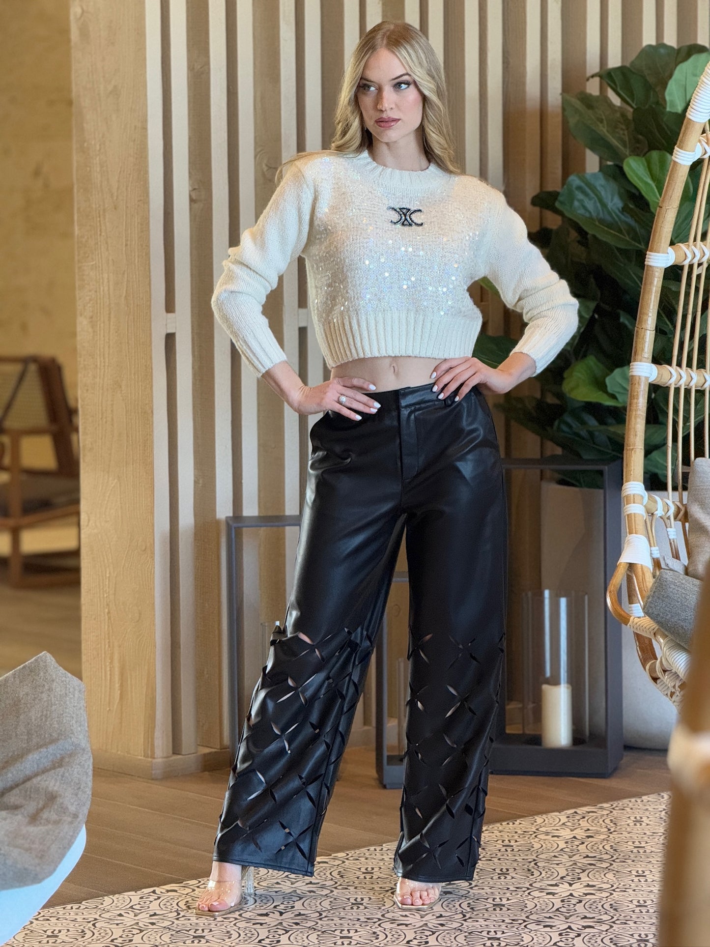 Dayanna Black Cutouts Leather Pants