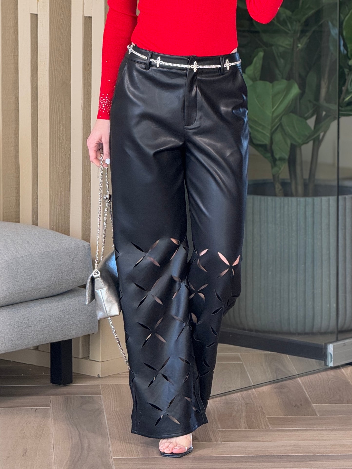 Dayanna Black Cutouts Leather Pants