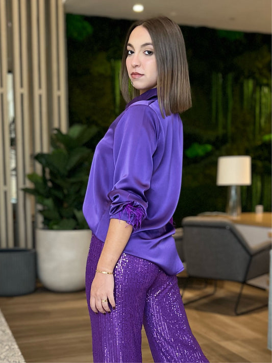 Purple Satin blouse with feathers